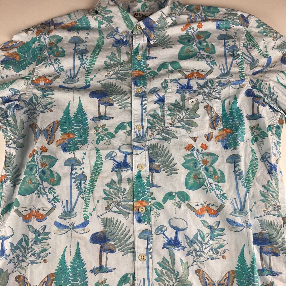 NWT Eddie Bauer TXL Tall Botanical Nature Button Shirt Mushrooms Butterflies
